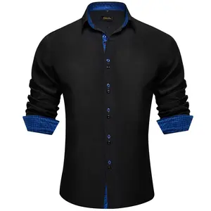 Men's Business Dress Shirt Black Solid Blue Plaid Splicing Silk Shirt Long Sleeve Formal Double-button Social Slim Fit Shirt