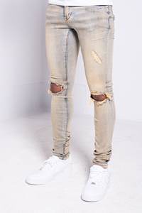 حافة الدنيم الصين مصنع مخصص الرجال الجينز السراويل ممزق نحيف المتعثرة الجينز خمر الغبار اثنين حفرة الجينز للرجال - Product Image 5