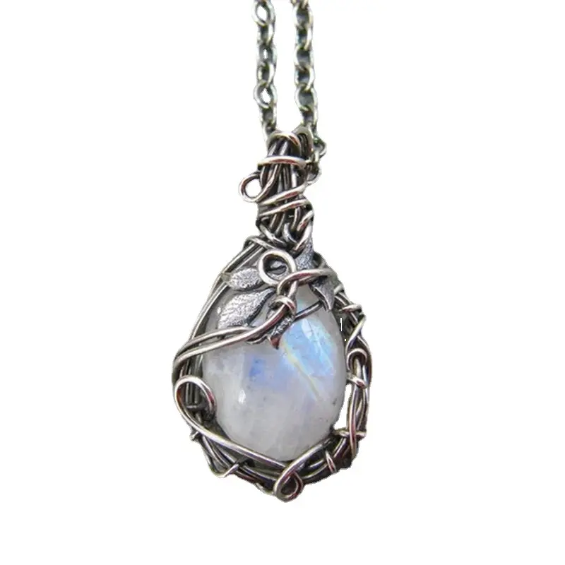 Moonstone Pendant Necklace Artificial Gems Alloy Rattan Vintage Women Necklaces for Lady Girls Waterdrop Stone Necklace Jewelry