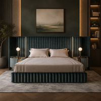 Lit convertible moderne de luxe vert foncé, lit double extensible capitonné en velours, cadre de lit en bois, taille king, avec LED