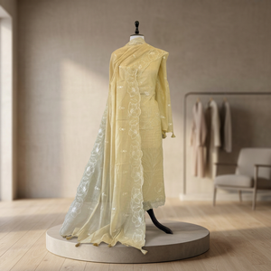 Conjunto de tres piezas de tela Banarasi con un tejido rico y elegante que incluye top, pantalón y dupatta para bodas, fiestas y eventos festivos. - Product Image 4