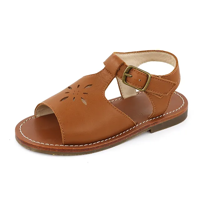 ODM Design Manufacturer Soft Brown Leather Open Toe Outdoor Beach Summer Boy Sandals