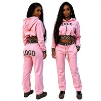 Ensemble sweat à capuche et pantalon de survêtement personnalisé pour femme, broderie appliquée, streetwear, imprimé léopard, coupe ajustée, ensemble de survêtement court, fabrication OEM