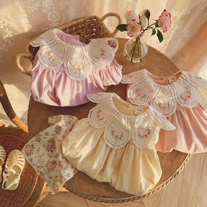 Robe pour enfants brodée de fleurs vintage - Robe pour enfants <span class=keywords><strong>à</strong></span> col en pétales festonnés, robe sans manches en coton doux pour fillette - Product Image 2