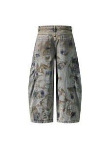 High Quality Breathable Loose Solid Heavy Baggy Scimitar Denim Jeans Vintage Distressed Dirty Mud Wash Design Waist Detail - Product Image 3