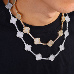 สร้อยคอจี้รูปใบโคลเวอร์สี่แฉกประดับมอยส์ซาไนต์ เงินแท้ 925  แบบฮิปฮอป  ประดับเพชร VVS ระยิบระยับ  ผ่านการทดสอบเพชร GRA - Product Image 1