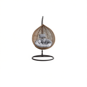 Sedia Sospesa in Rattan PE con Telaio in Ferro e Cuscino Grigio, Sedia Moderna per il Relax, Arredamento per Soggiorno - Product Image 1