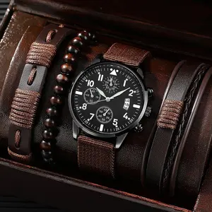 2024 summer new men's bracelet watch set High quality canvas quartz watch PU bracelet set