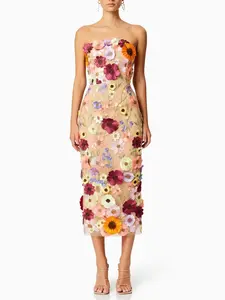 Bettergirl - Vestido longo feminino elegante de cintura alta com bordado floral 3D, roupa feminina slim para festas, moda feminina de 2023