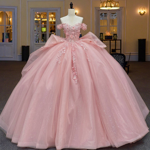 <span class=keywords><strong>Abito</strong></span> da Sera Stile Ball Gown Brasiliano per Vestidos de 15 Años, <span class=keywords><strong>Rosa</strong></span>, Spalle Scoperte, Stile Quinceañera, Fiori 3D, Perline, <span class=keywords><strong>Abito</strong></span> da Principessa - Product Image 1