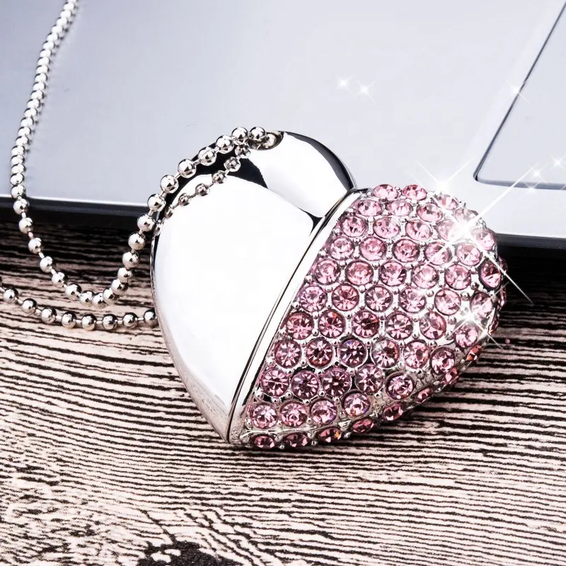 Рекламный розовый usb-флеш-накопитель в виде сердца, Подарок на годовщину свадьбы, модная золотая бижутерия, 4 ГБ 8 ГБ 16 ГБ, флешка с ожерельем