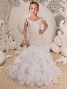 Vestidos de Niña con Flores de Sirena para Boda, Apliques de Encaje Floral, Mangas Cortas con Volantes, Vestidos de Dama de Honor <span class=keywords><strong>Junior</strong></span>, Vestido de Niña Pequeña - Product Image 5