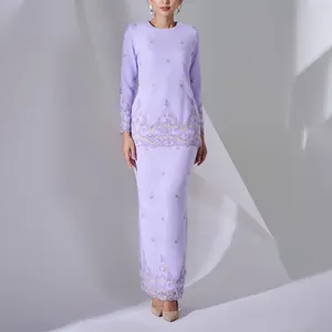 Fabrieksprijs Lange Mouw Baju Kurung Moderne Zijde Lichtpaarse Abaya Sets Lange Jurken Vrouwen Moslim