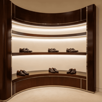 Comptoir de magasin de chaussures haut de gamme |   Meubles de présentation en bois verni sur mesure pour les marques de centres commerciaux