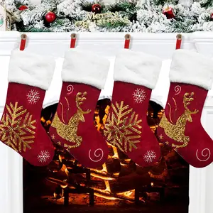 Bas de Noël personnalisé manchette en peluche or paillettes renne décoration brodé flocons de neige paillettes chaussettes de Noël