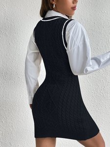 Robe longue <span class=keywords><strong>sans</strong></span> manches à <span class=keywords><strong>col</strong></span> en <span class=keywords><strong>V</strong></span> <span class=keywords><strong>pour</strong></span> <span class=keywords><strong>femme</strong></span>, <span class=keywords><strong>pull</strong></span> tricoté décontracté de style académique - Product Image 2