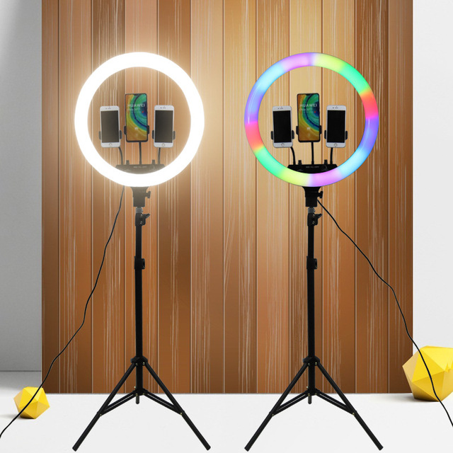 Qiniu Studio Video Photography Makeup RL-12A 45W 120V-230V LED Ring Light 2M Stand Remote Control Dimmable 2500-6500K Color