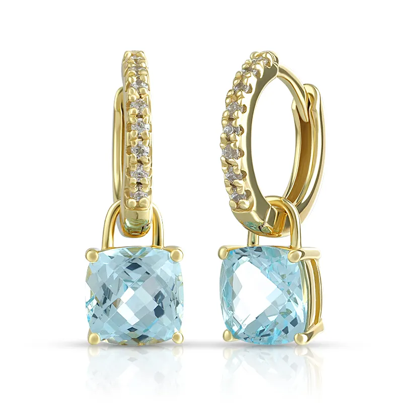 925 Sterling Silver 14K Gold Plated Natural Gems Gemstone Geometric Square White Cz Zircon Sky Blue Topaz Cushion Hoop Earrings