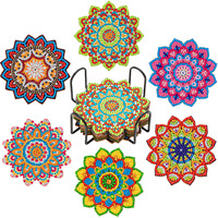 Kit Coaster Seni Berlian DIY 6/8pcs Grosir Kustom, Alas Coaster Minuman Bentuk Khusus Mandala Bunga dengan Dudukan Logam