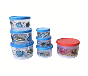 Juego de recipientes para almacenamiento de alimentos, 6 piezas, redondos, de plástico, con tapas, apilables, diseño de dibujos animados, para uso en la despensa - Product Image 1
