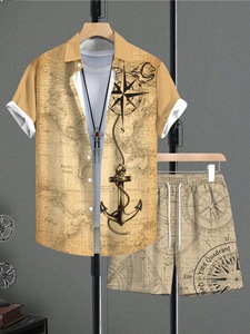 Ensemble de vacances à la plage pour hommes : chemise à manches courtes et short imprimé boussole, style vintage, collection été, vente en gros - Product Image 1