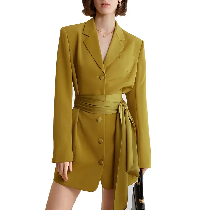 contrast color women long sleeve blazer with belt design ladies formal skirt suit