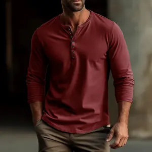 남성용 긴팔 슬림핏 헨리 셔츠 라운드 넥 버튼 티셔츠 남성용 베이스 티 티셔츠