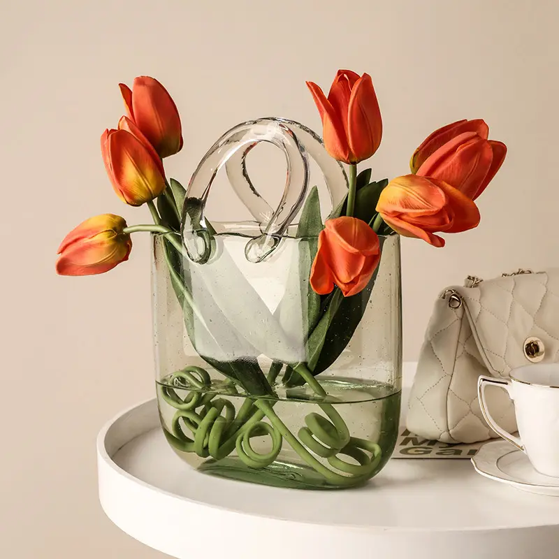Ins Hot Popular Hand Blow Bubble Glass Handbag Vase Decorative Transparent Hydroponic Flower Arrangement Vases