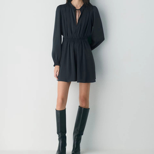 Ladies' Deep Blue Chiffon Pleated <b>Long</b> Sleeve Mi-di Casual Elegant Dress with Customized <b>Skirt</b> - Product Image 3