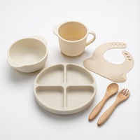 Juego de Vajilla para Bebé de Estilo Escandinavo en Color Crema Blanco, 6 Piezas, Diseño Minimalista, Utensilios con Mango de Madera Natural, Silicona No Tóxica