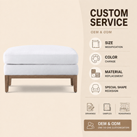 Pouf en tissu de lin blanc, style moderne minimaliste, repose-pieds avec base en bois et pieds coniques pour salon, siège supplémentaire
