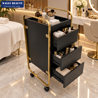 Chariot de rangement mobile pour salon de coiffure, chariot de beauté avec 3 tiroirs, cadre doré et plateau supérieur