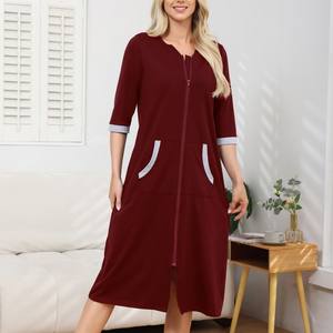 <span class=keywords><strong>Peignoir</strong></span> long <span class=keywords><strong>zippé</strong></span> en coton respirant pour femme, idéal pour la vente directe transfrontalière, avec poches, pour la maison ou comme pyjama. - Product Image 4