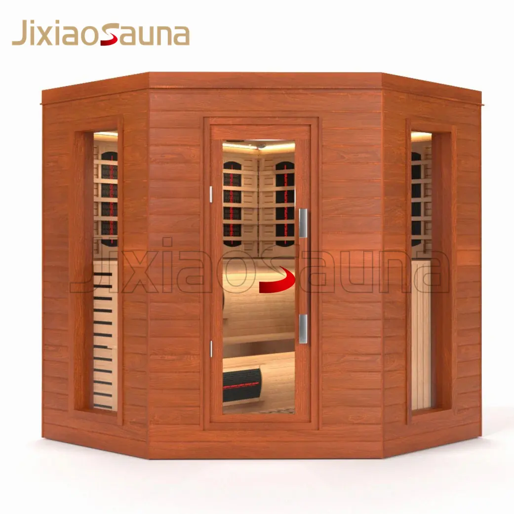 Sauna d'intérieur d'angle | Finition élégante en séquoia et portes en verre | Expérience de spa luxueuse"