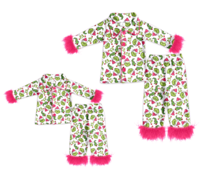 Conjunto de Pijamas Personalizados de Navidad para Niños de Boutique a la Moda, Nuevos Diseños con Estampado de Plumas Verdes, Atuendos Casuales a Juego para Hermanas - Product Image 6