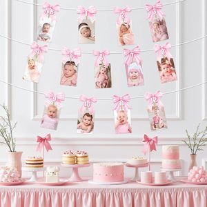 Decoraciones de Primer Cumpleaños con Lazo Rosa, Banner 'Las Niñas Solo Quieren Ser de 1 Año', Banner Fotográfico de 0 a 12 Meses para Fiesta de Cumpleaños con Lazo - Product Image 4
