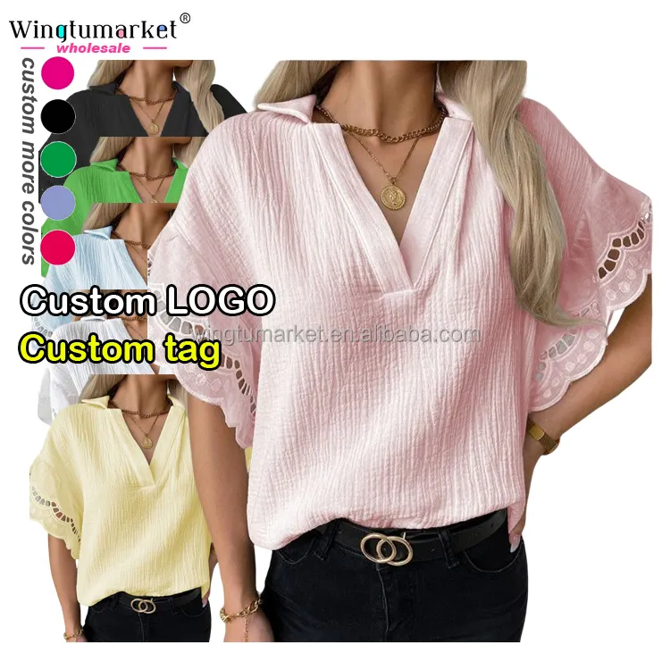 Wholesale white crinkled blouse crepe chiffon top lace short sleeve t shirt V neck women tops blouses
