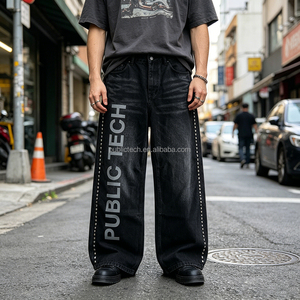 Premium Custom Screen Print logo Pants Monkey Wash Sun Faded Straight-Leg Jeans Mens High Street Denim Pants with Metal Rivets - Product Image 3