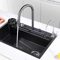 Évier de cuisine gris anthracite au design moderne avec robinet cascade en acier inoxydable, lavabo multifonctionnel à poser sur comptoir