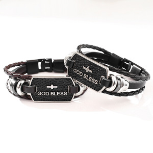 Pulsera Cruzada de Cuero Negro Trenzado con Amuleto de Plata Tibetana 'Dios te Bendiga', Joyería de Regalo - Product Image 2