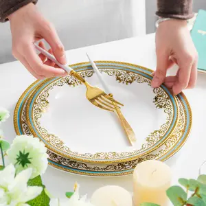 European Style Golden Edged Ceramic Round Plate Dish For Kitchen Salad Steak Fruit Dessert Wedding Party