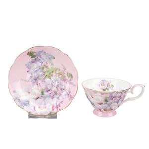 طقم فنجان وصحن قهوة بتصميم الزهور من Stechcol، مصنوع من الخزف الصيني الجديد (New Bone China)، مناسب للشاي والقهوة واللاتيه وقابل للتخصيص - Product Image 1