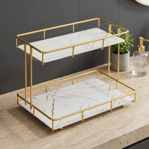 Modern Double Tier <b>Storage</b> <b>Rack</b> Rectangular Gold Metal Vanity Organizer Bathroom Countertop Shelf Makeup Cosmetic Holder - Product Image 1