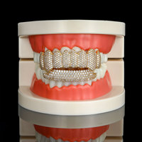 Dua Baris Grill Gigi Hip Hop Bling 5A Cubic Zircon Delapan Gigi untuk Perhiasan Fashion Pesta Pria