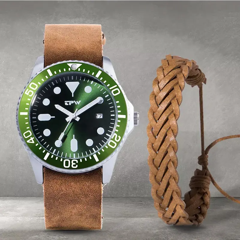 Montres de luxe avec bracelet en cuir véritable pour homme, accessoire de bijouterie vert lumineux