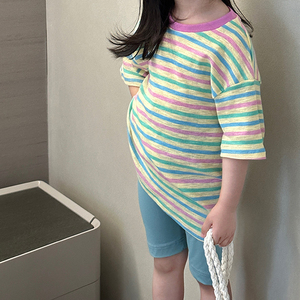 Conjunto de moda para <span class=keywords><strong>niñas</strong></span>, nuevos diseños coreanos para niños, Top de manga corta a rayas, pantalones cortos, <span class=keywords><strong>ropa</strong></span> de verano, 2023 - Product Image 6