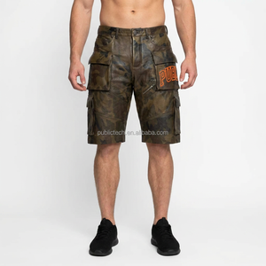 Apparel Manufacturer Custom Chain Embroidery <b>Short</b> Pants Multiple Pockets Oversized Luxury Loose Camo PU Leather <b>Shorts</b> for Men - Product Image 3