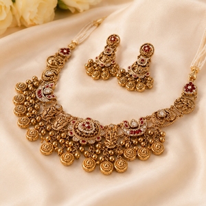 925 Silver Traditional Temple <b>Necklace</b> Set with <b>Matching</b> Earrings Antique Finish Bridal Ethnic Jewelry for Women - Product Image 1