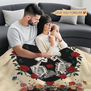 <b>Skull</b> Rose Couple Flannel Blanket Throw Blanket Nap Blanket Fade Resistant Lightweight for Home Office Nap Custom Print - Product Image 6