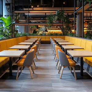 Juego de Muebles de Lujo Ligero con Mesa de Piedra Sinterizada Cuadrada, Banqueta de Cuero Amarillo, Mesa y Silla para Cafetería o Restaurante - Product Image 4